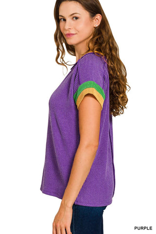 Mardi Gras Raised Rib Contrast Trim Top: PURPLE