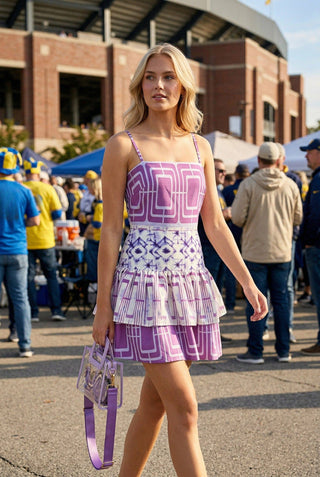 Preorder eta 7/28 Cami mini dress in colorblock abstract pattern: PURPLE COMBO