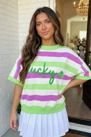 St Patricks Stripe Lucky Clover Embroidered Graphic Tee