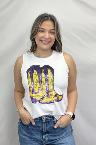 Bayou boots purple and gold sequins tank