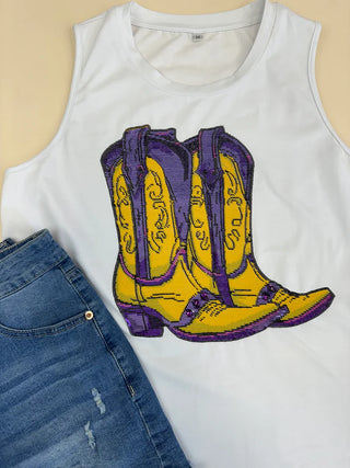 Bayou boots purple and gold sequins tank