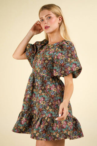 Floral Jacquard Fabric Holiday Mini Dress: CHOCO MIX