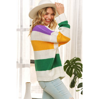CLASSIC MARDI GRAS COLORFUL STRIPE RELAXED FIT PULLOVER TOP: Multi