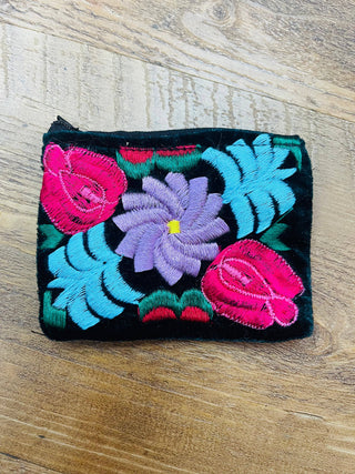 Mexican Floral Emboirdered Zippered Coin Purses: Multi-Colored