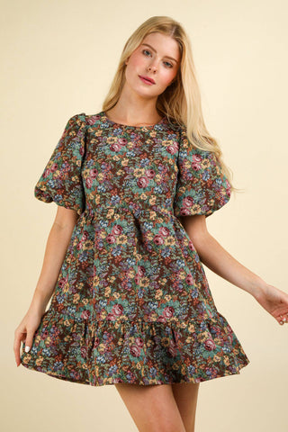 Floral Jacquard Fabric Holiday Mini Dress: CHOCO MIX