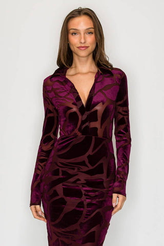 ICE  VELVET BURN OUT MIDI DRESS: Burgundy