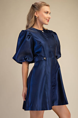 Collar Neck Puff Sleeve Waist Detail Shiny Mini Dress: Navy