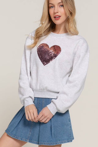 Long Sleeve Crew Neck Sequin Detail Inner Fleece Sweatshirt: BRG-dark wine