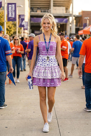 Cami mini dress in colorblock abstract pattern: PURPLE COMBO /