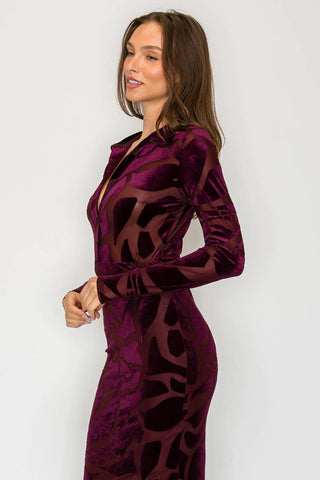 ICE  VELVET BURN OUT MIDI DRESS: Burgundy /