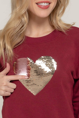 Long Sleeve Crew Neck Sequin Detail Inner Fleece Sweatshirt: BRG-dark wine