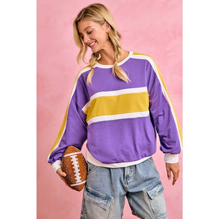 GAMEDAY WOMENS SPORTY COLORBLOCK PULLOVER SWEATSHIRT: PURPLE/GOLD