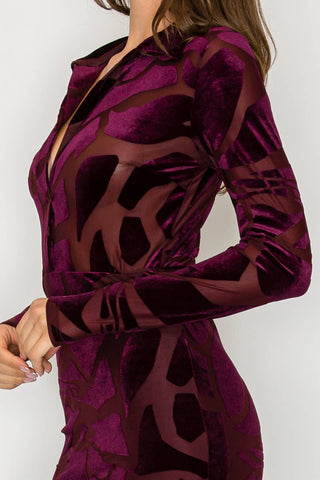 ICE  VELVET BURN OUT MIDI DRESS: Burgundy /