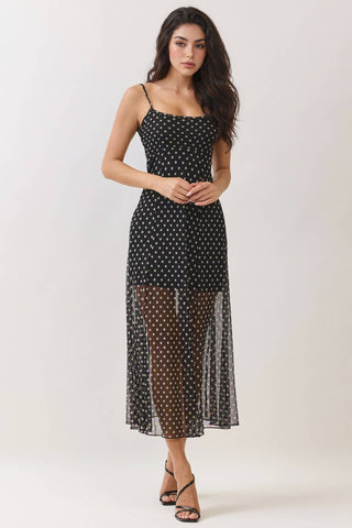 PRINTED MESH MAXI LINED TANK FIT AND FLARE DRESS: BLK-ECREAM POLKA DOT / S-M-L/2-2-2
