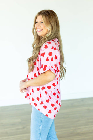 Cara Collared Top, Heart Print: Pink