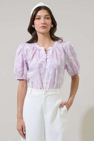 Emme Floral Zuri Smocked Top: Lavender White