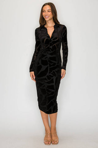 ICE  VELVET BURN OUT MIDI DRESS: Burgundy