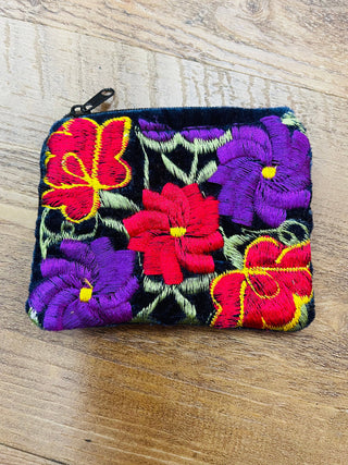 Mexican Floral Emboirdered Zippered Coin Purses: Multi-Colored