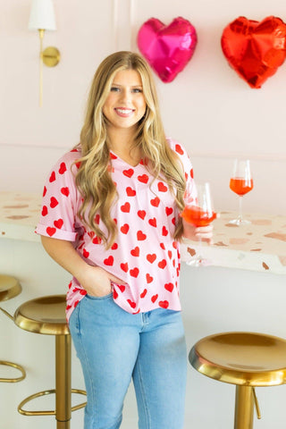 Cara Collared Top, Heart Print: Pink