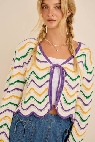 Wavy cardigan Mardi Gras Wave Stripe Tie Cardigan – Festive Knit: PURPLE/GREEN/GOLD