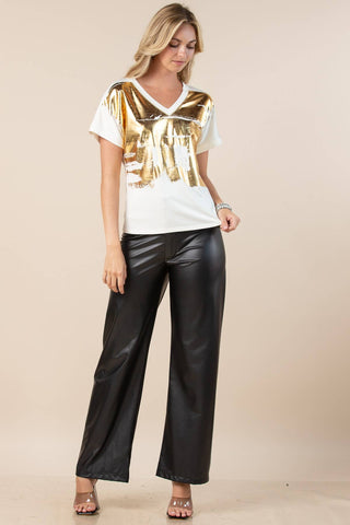 Carmella-Solid Foil  V Neck Short Sleeves Top: Off-White