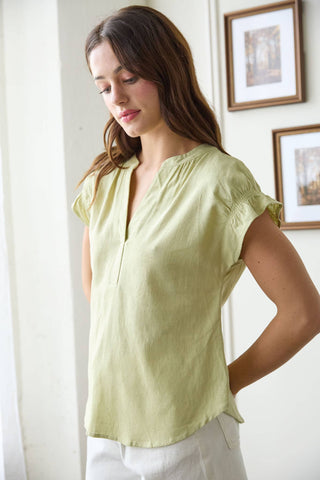 AMANDA SPLIT NECK RUCHED SLEEVE & BACK LINEN BLOUSE