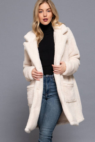 Long Sleeve Notched Collar Patch Pocket Sherpa Coat: IVY-ivory