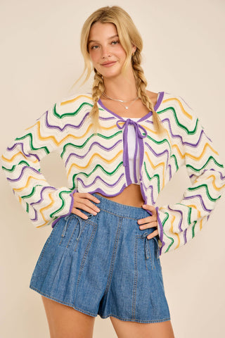 Wavy cardigan Mardi Gras Wave Stripe Tie Cardigan – Festive Knit: PURPLE/GREEN/GOLD