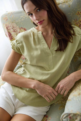 AMANDA SPLIT NECK RUCHED SLEEVE & BACK LINEN BLOUSE