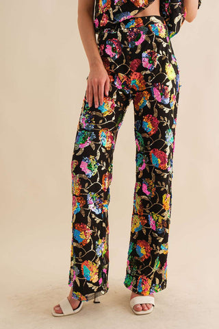 Sequin Flower Boots Cut Long Pants