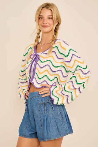 Wavy cardigan Mardi Gras Wave Stripe Tie Cardigan – Festive Knit: PURPLE/GREEN/GOLD