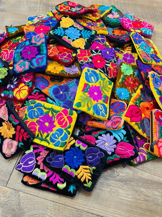 Mexican Floral Emboirdered Zippered Coin Purses: Multi-Colored