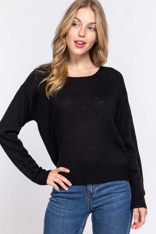 Long Slv Round Neck Waffle Detail Sweater: Bl