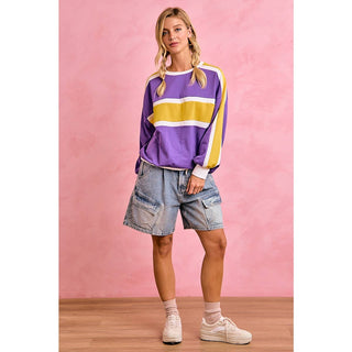 GAMEDAY WOMENS SPORTY COLORBLOCK PULLOVER SWEATSHIRT: PURPLE/GOLD