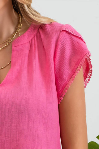 SPLIT NECK PETAL TASSEL SLEEVE BLOUSE