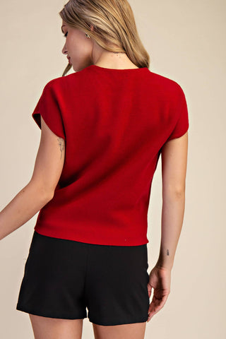 Dropped Shoulder Heart Button Detail Sweater: Red