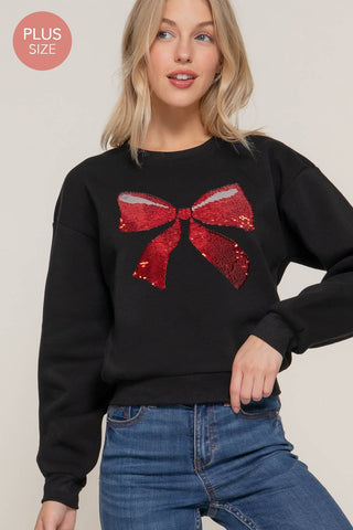 Long Sleeve Crew Neck Sequin Detail Inner Fleece Sweatshirt : BLK-black