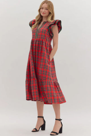 Red Plaid Flutter Sleeve Dress