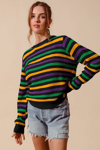 Iris Mardi Gras Color Stripe Knit Sweater Top: BLACK COMBO