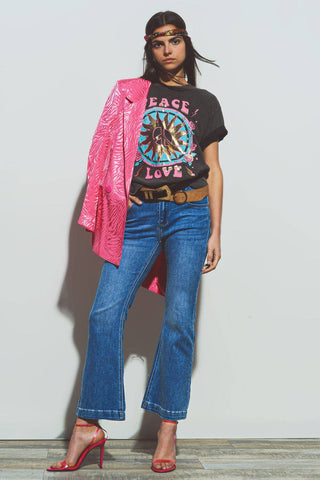 Q2 Flared double button waist jeans in blue denim: Blue