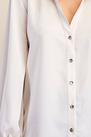 V-Neck Collar Neck Button Down Shirt: Cream