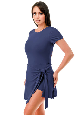 Premium activewear tennis dress with shorts under tie skirt: Navy