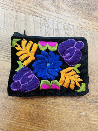 Mexican Floral Emboirdered Zippered Coin Purses: Multi-Colored