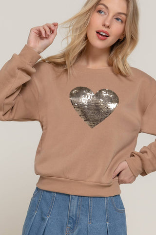 Long Sleeve Crew Neck Sequin Detail Inner Fleece Sweatshirt: BRG-dark wine