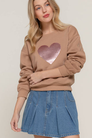 Long Sleeve Crew Neck Sequin Detail Inner Fleece Sweatshirt: BRG-dark wine