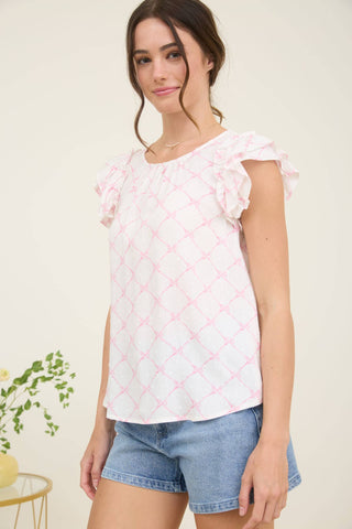 CAROLINE BOW  DOT PATTERN RUFFLE SLEEVE BLOUSE
