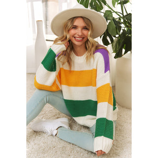 CLASSIC MARDI GRAS COLORFUL STRIPE RELAXED FIT PULLOVER TOP: Multi