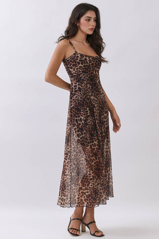 PRINTED MESH MAXI LINED TANK FIT AND FLARE DRESS: BROWN – Grace O'livia Boutique