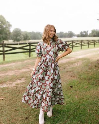 Burgundy Floral Print Ruffle Short Puff Sleeve Tiered Midi Dress