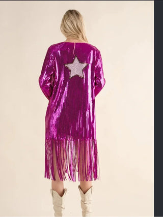 Sequin Fringe Open-Front Cardigan with Star Detail